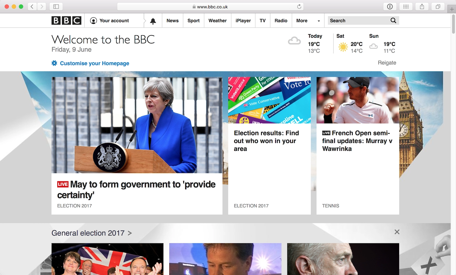 The BBC homepage features the date, weather, and top new stories.