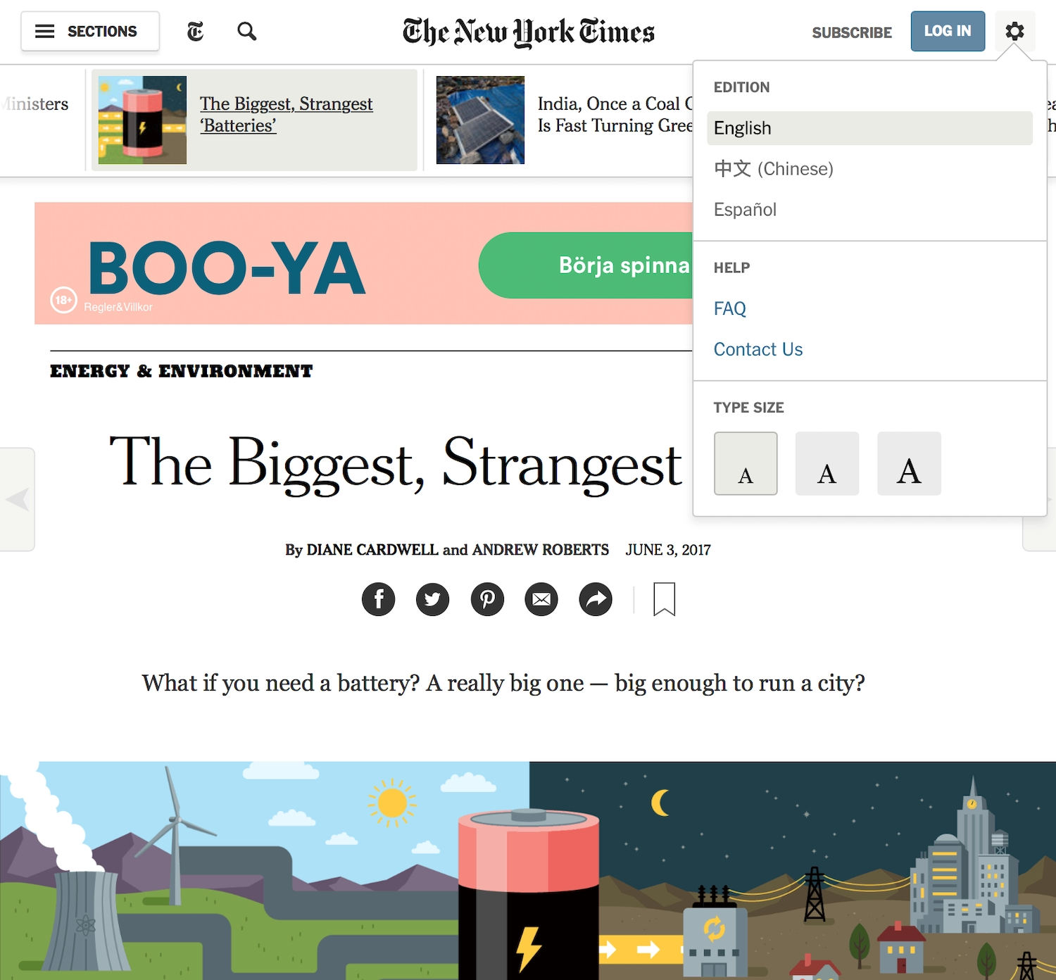 A New York Times article with its Settings menu opened to show language choices, help links, and three text size options.