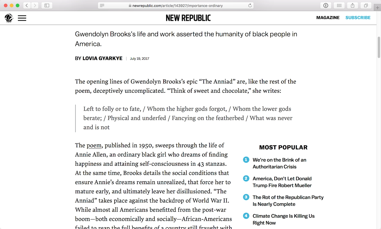 An article on the New Republic website featuring large serif body text and large sans serif text for meta information.