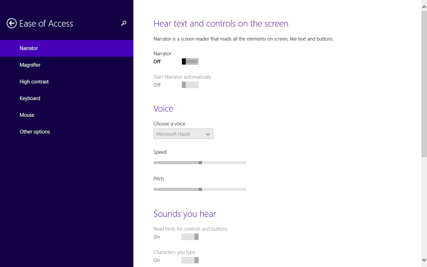 Narrator settings for on/off, choice of voice with speed and pitch sliders, and options to turn on sounds for controls and buttons as well as characters you type.