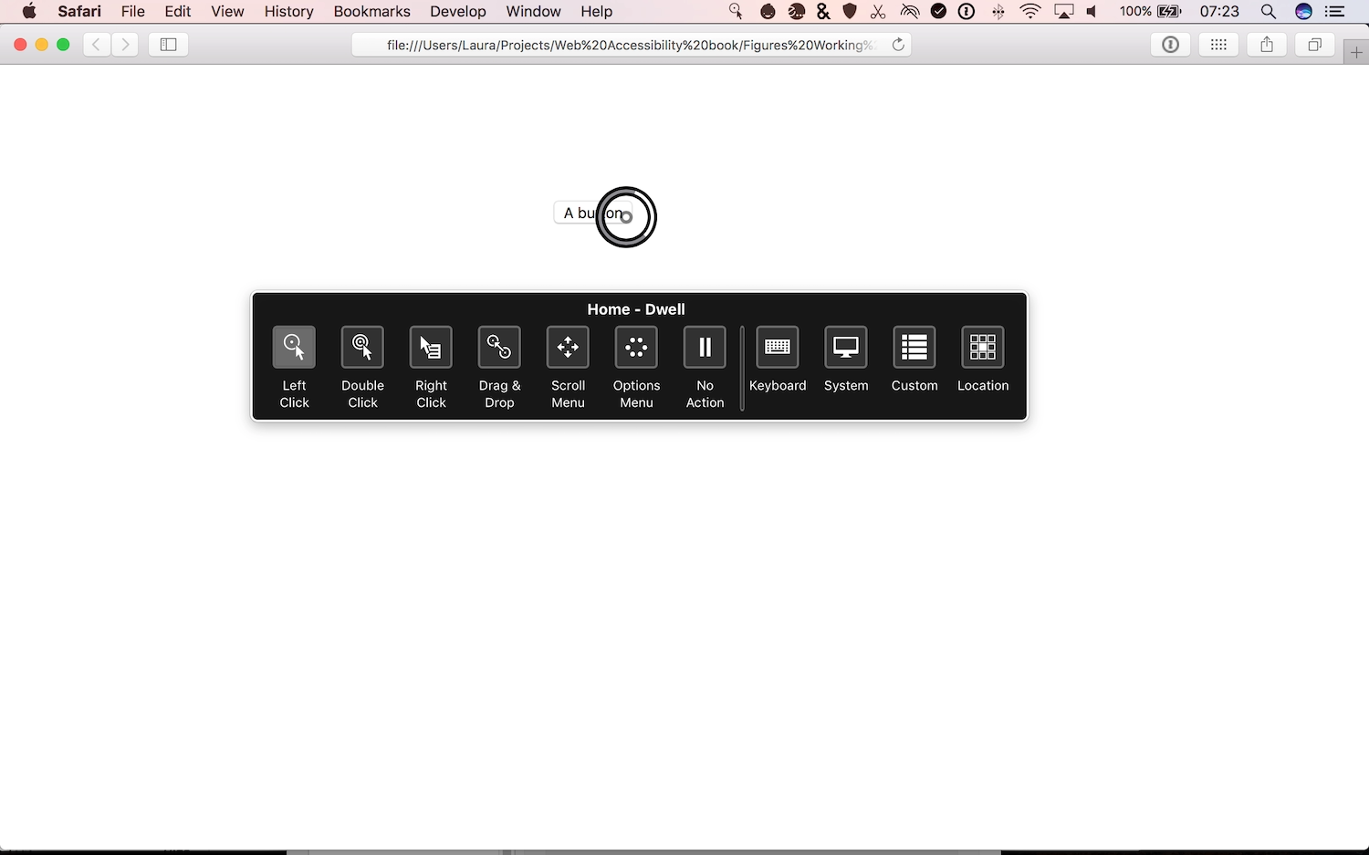 A web page displaying a button. The Dwell Control panel is displayed over the web page with options for different input interactions including clicking, drag and drop, and menus.