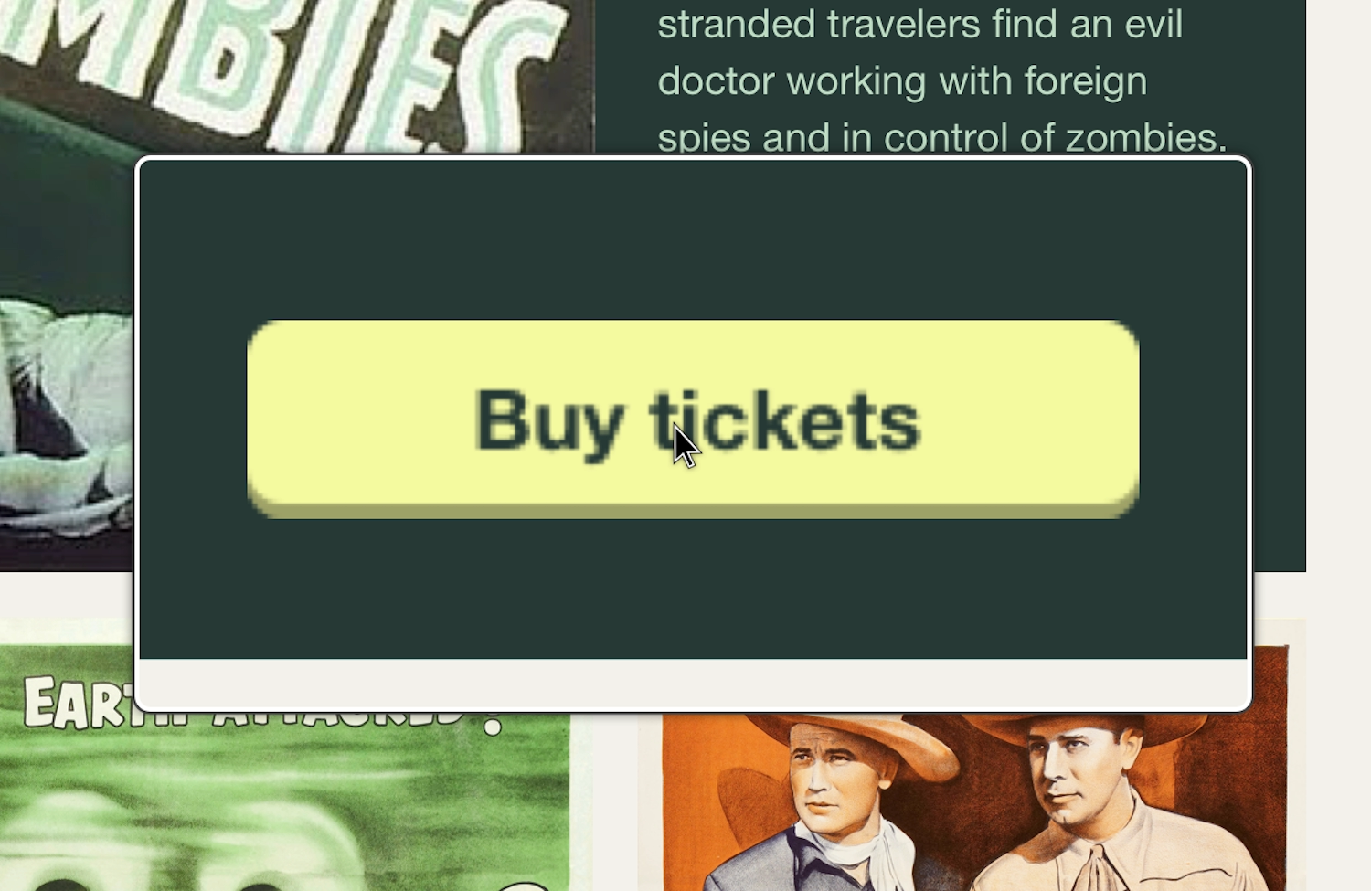 Screen magnifier box centered over a Buy tickets button where the button text and outline is pixelated.