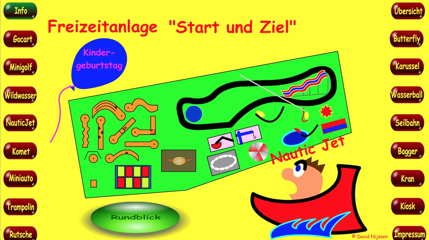 Hovering over an abstract map of a theme park, the Nautic Jet text appears in red Comic Sans font overlayed over green and yellow at a diagonal.