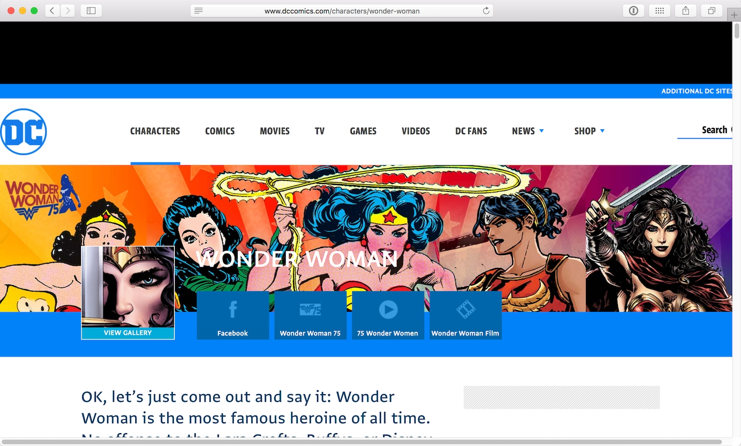 The DC comics website Wonderwoman page. The navigation links are grey, the selected Characters section has a blue bar underneath the link.