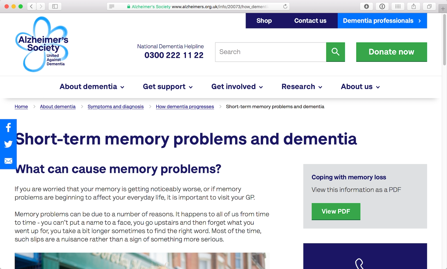 The short-term memory problems and dementia page on the Alzheimerâs Society website. The breadcrumb navigation features Home, About Dementia, Symptoms and diagnosis, How dementia progresses, and then the page title.