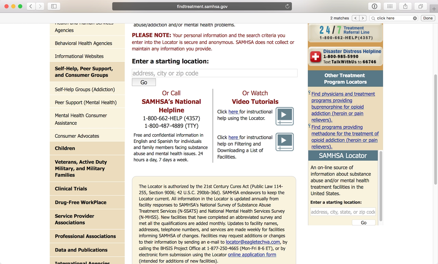 A web page with links for video tutorials. The text is Click here for instructional help using the the Locator, and Click here for instructional help on Filtering and Downloading a List of Facilities, but only the here part of each text is a link.