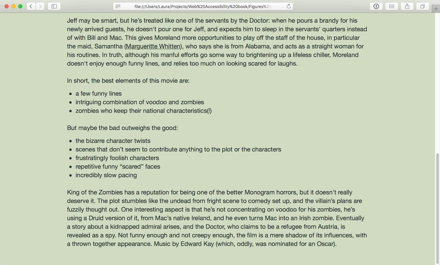 The same movie review where some of the text is presented in lists instead of paragraphs.