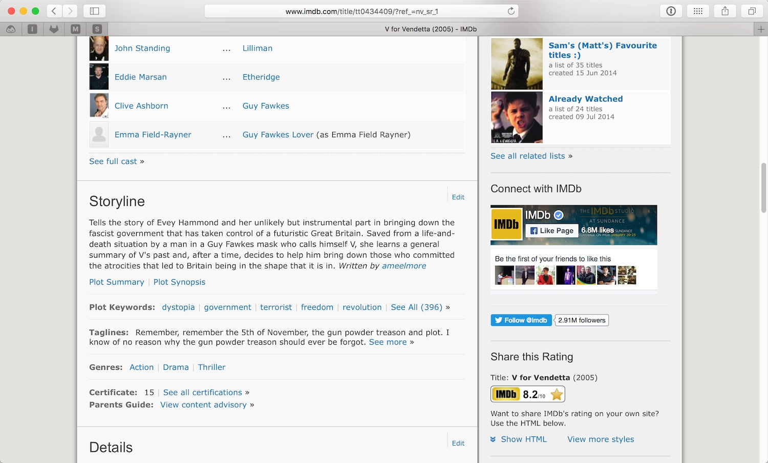The IMDB page for V for Vendetta has prominent headings including Cast, Storyline, and Details.