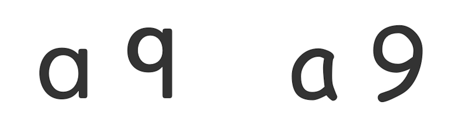 Lowercase A and 9 in Heinemann, where each letter has a round counter and straight lines. Lowercase A and 9 in Comic Sans, where the counters are round but the lines are more curved.