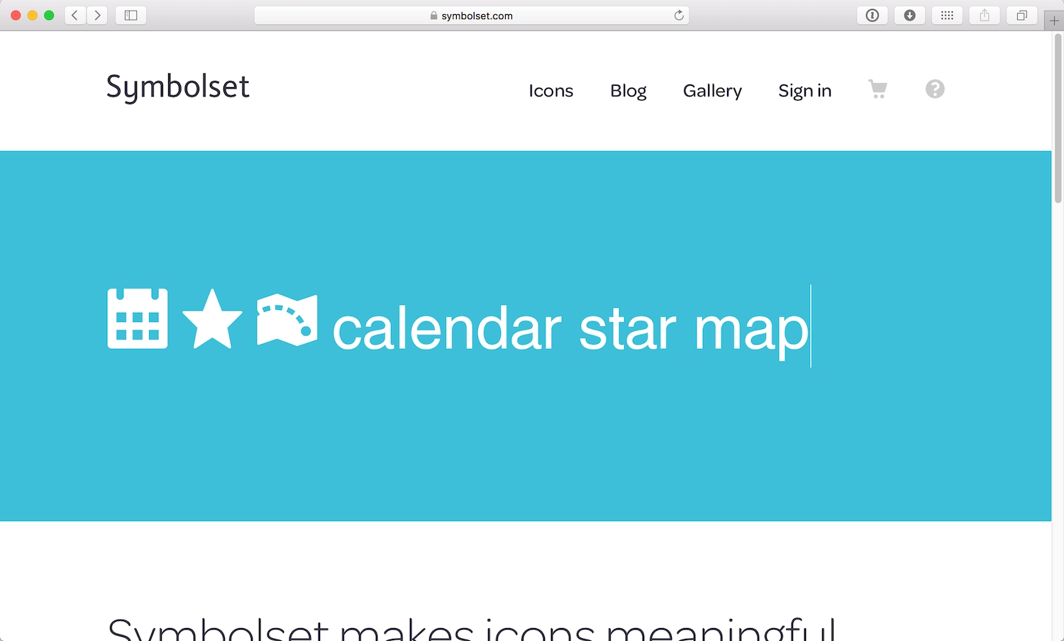 The Symbolset web page showing icons for calendar, star, and map.