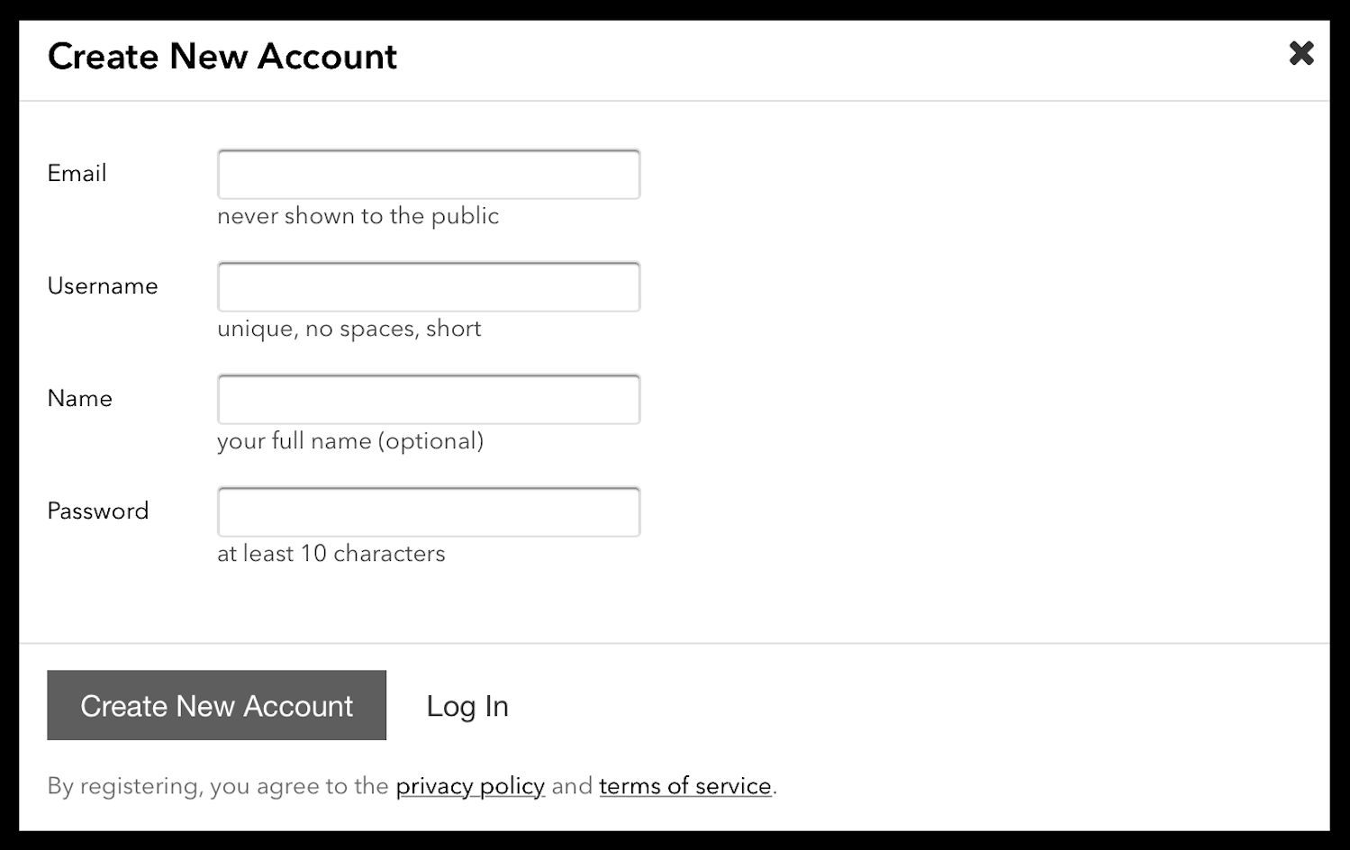 A sign up form. Under the email input it says never shown to the public. Under the username field it says unique, no spaces, short.
