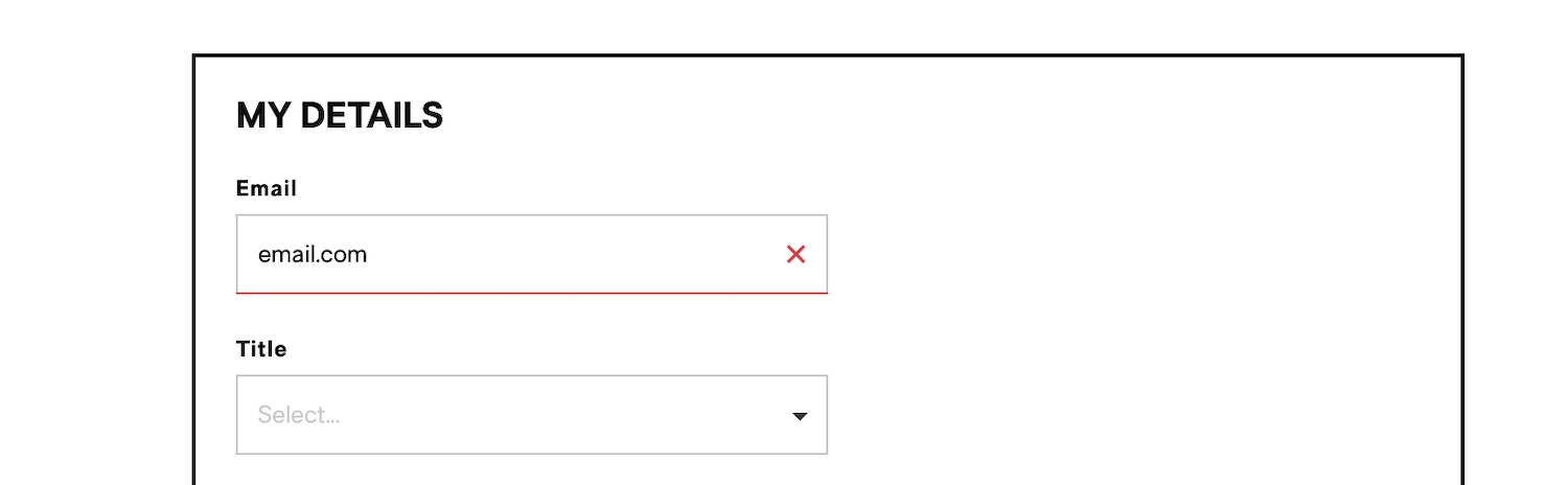 A form titled my details. The email input contains a URL. The input box has a red bottom border and a red cross icon in the corner.