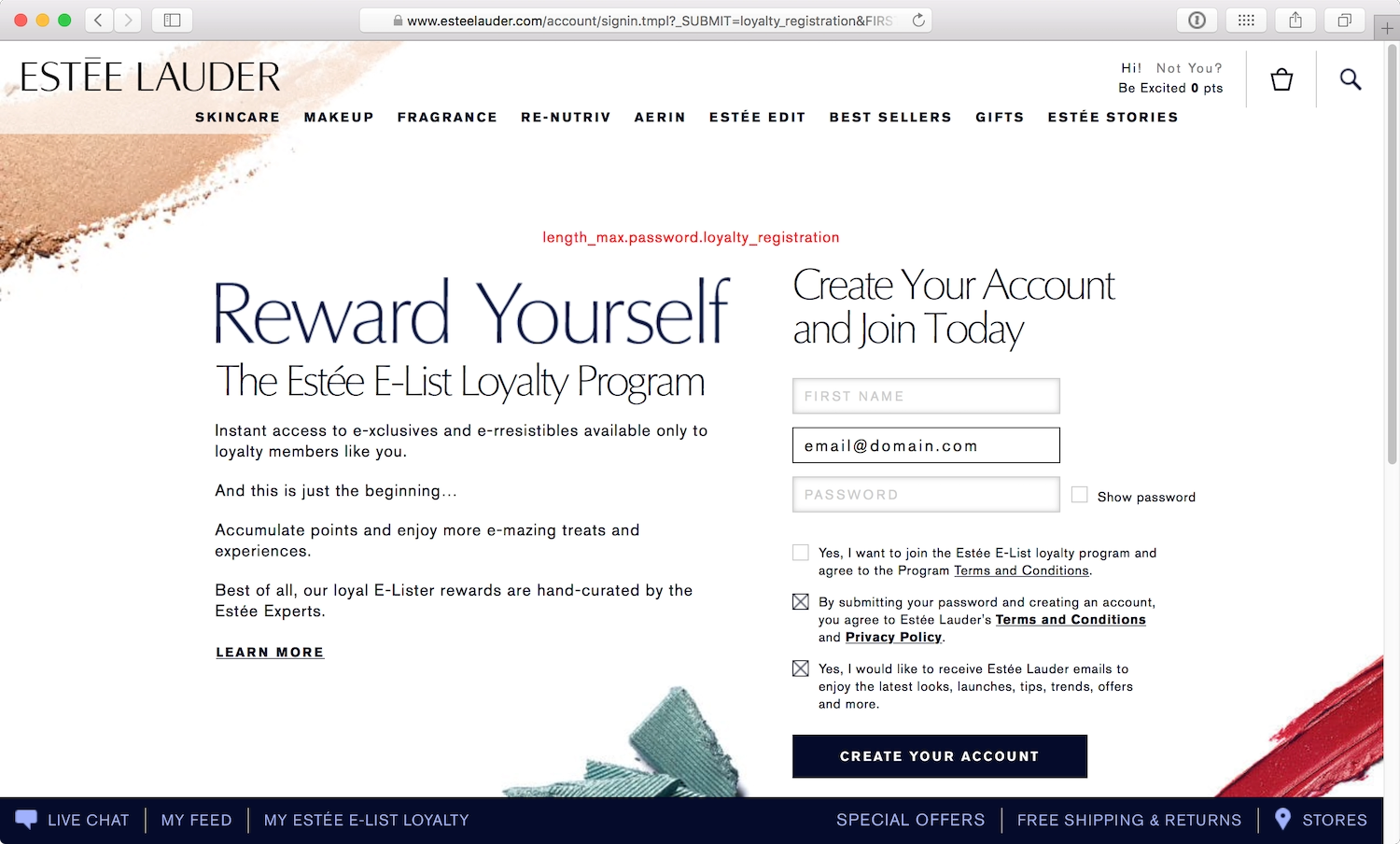 The Estée Lauder website displaying small red text and the message length_max.password.loyalty_registration.
