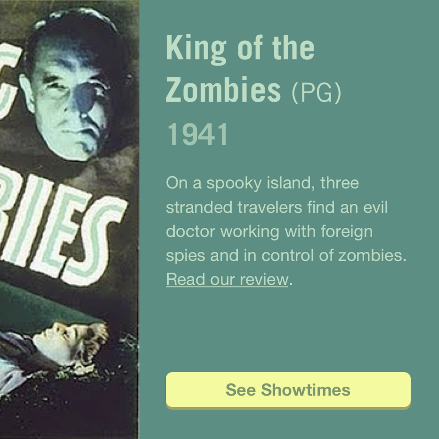 Information panel about the King of the Zombies 1941 film with pale green text on a bright green background.
