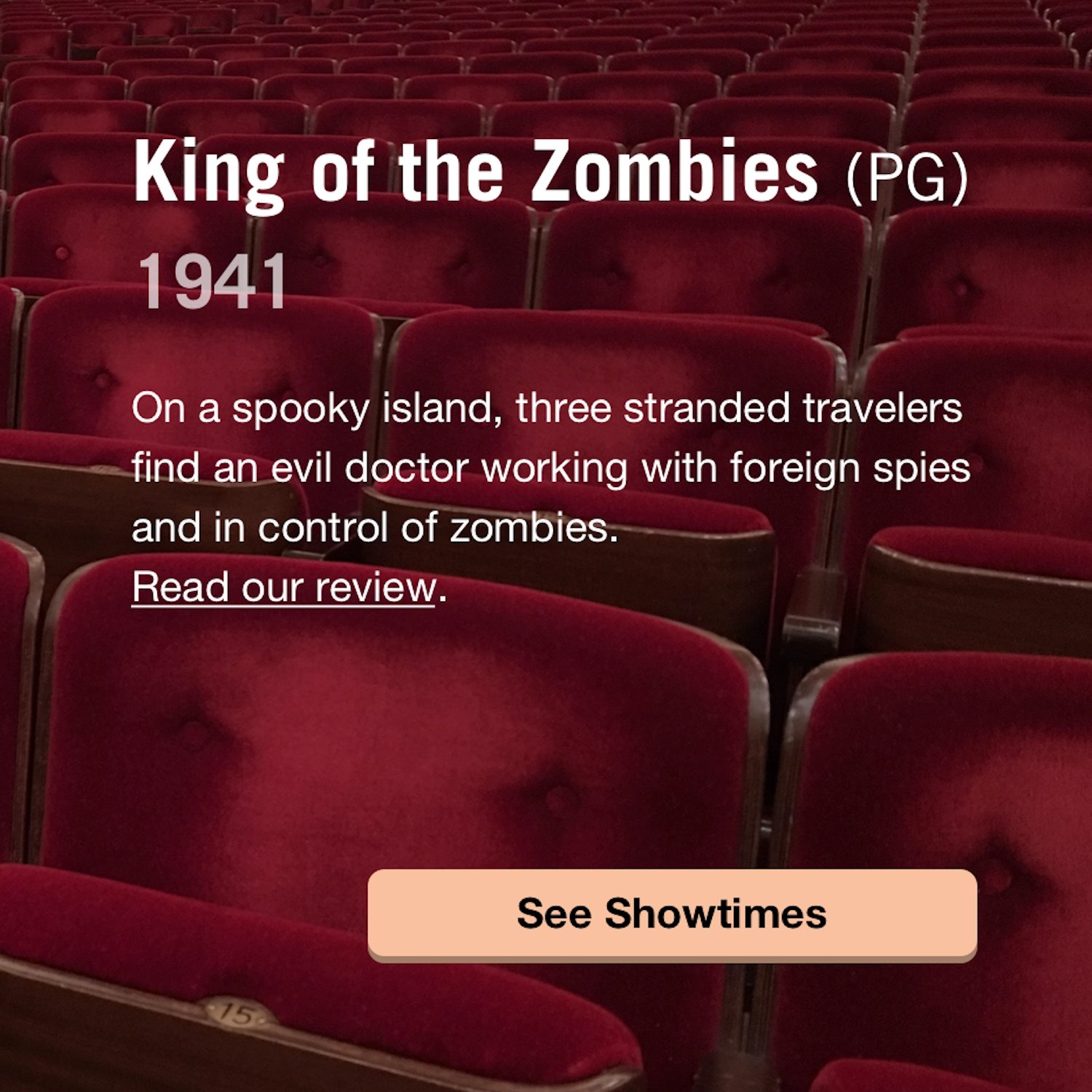 Text overlayed over a contrasting image of red theatre seats.