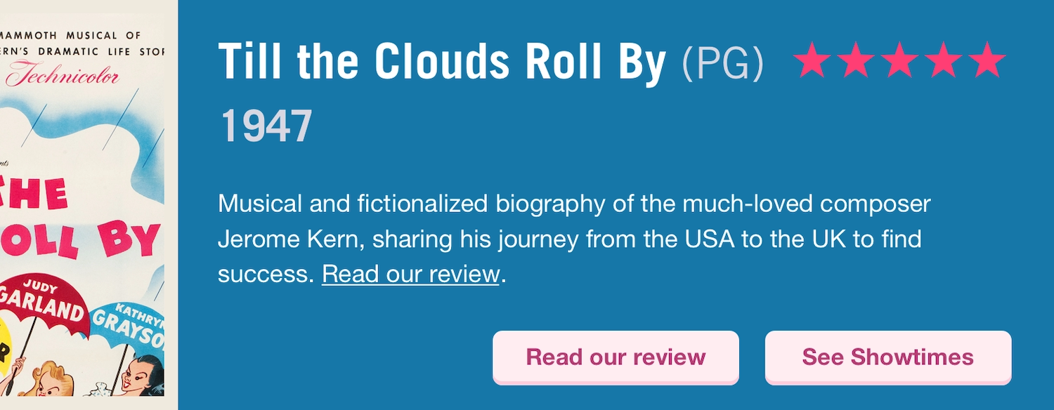 A film review banner with a blue background and pink stars representing a 5 star review.