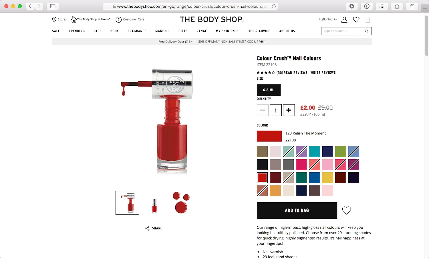 A selection of swatches for nail polish colors in an ecommerce website. The Relish the Moment swatch appears red in the default image.