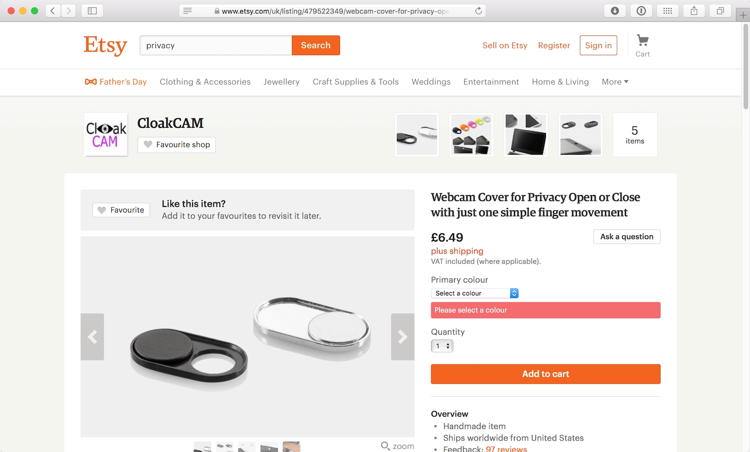 An Etsy form for choosing the color and quantity of a product on a white background. Thereâs a contrasting error message with white text on a pink red background.