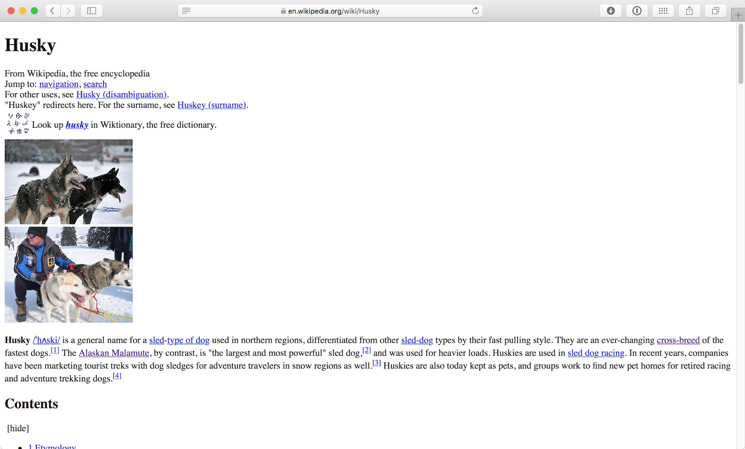 The unstyled HTML for the Wikipedia page about hustkies is a series of text, images, and links displayed linearly from top to bottom of the page.