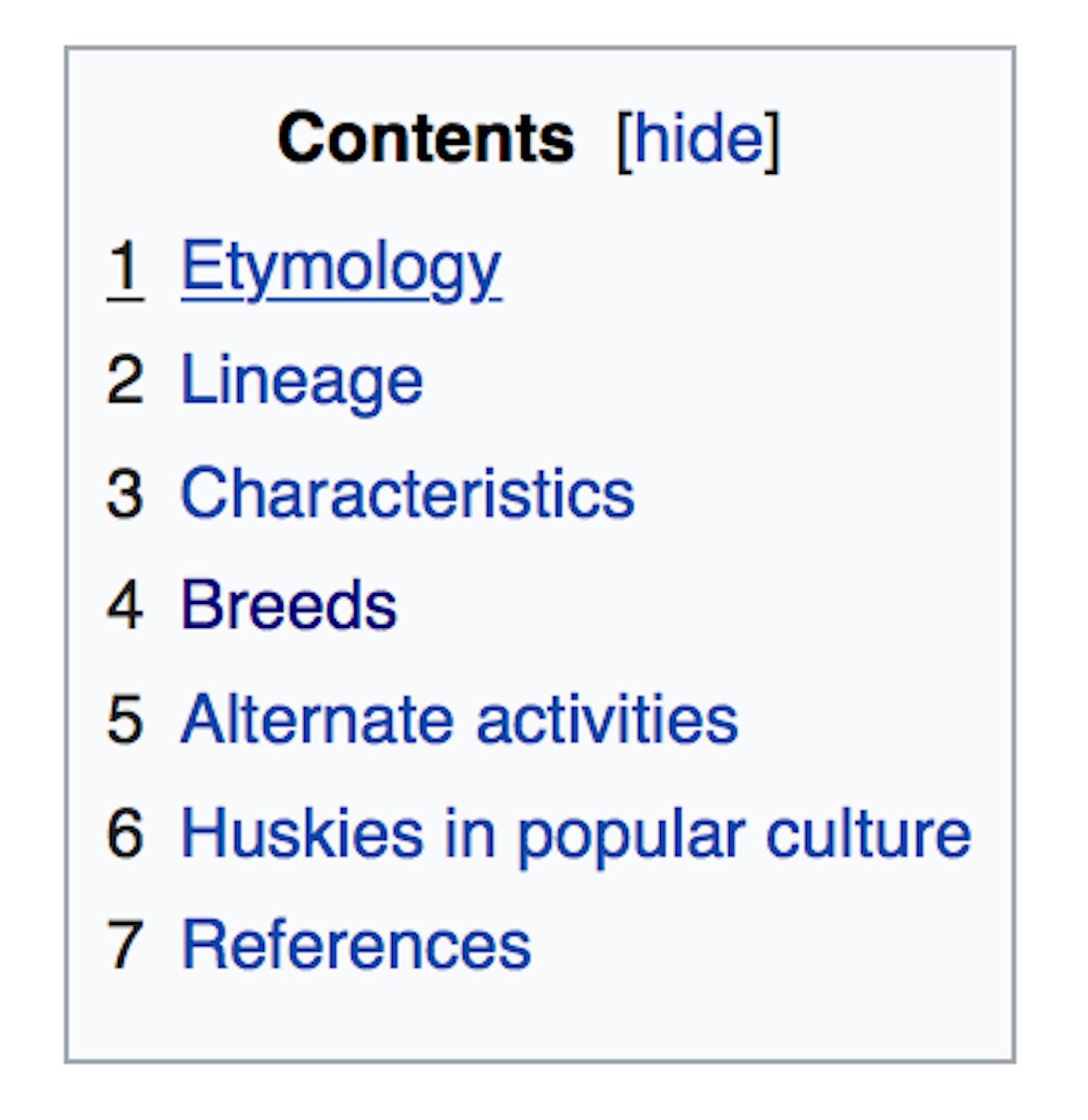 The HTML outline starts with the title Husky, and nested inside it is Contents, Etymology, and Lineage. The same headings are reflected in the Contents list.