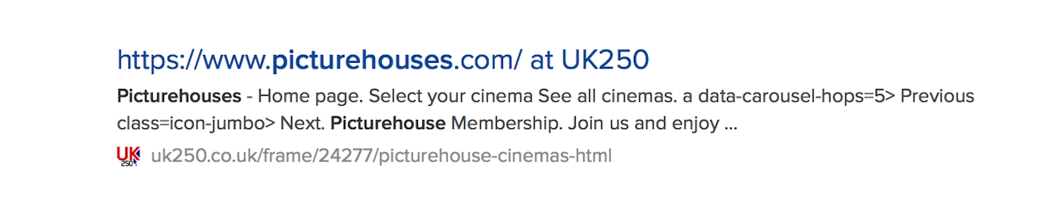 Another DuckDuckGo search result listing for Duke of Yorks cinema where the title is the URL and random HTML is interspersed amongst the text description.