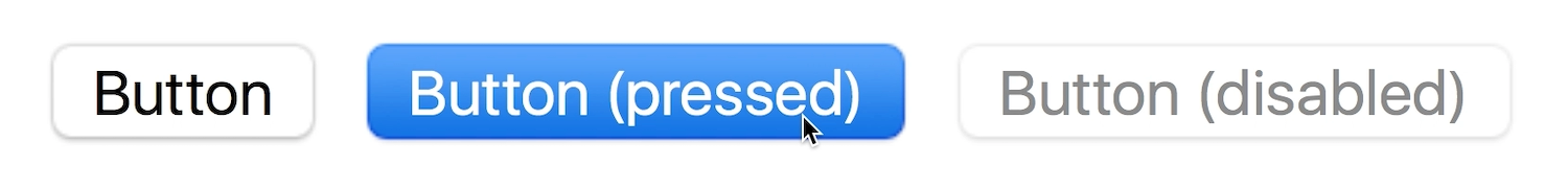 Three buttons as rendered by default in the browser. The default button is white with black text, the pressed button is blue with white text, the disabled button is white with light gray text.