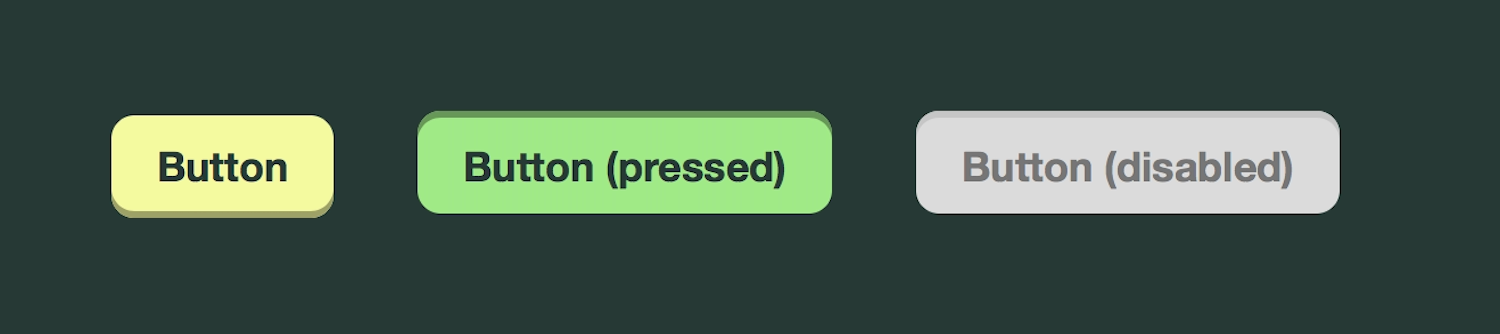 Custom button styles where the default button is yellow, the pressed button is green and the disabled button is gray.