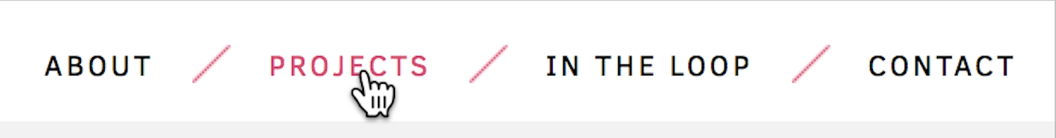 Hovering over the projects link renders the text pink. The other, inactive, links in the navigation are black text.