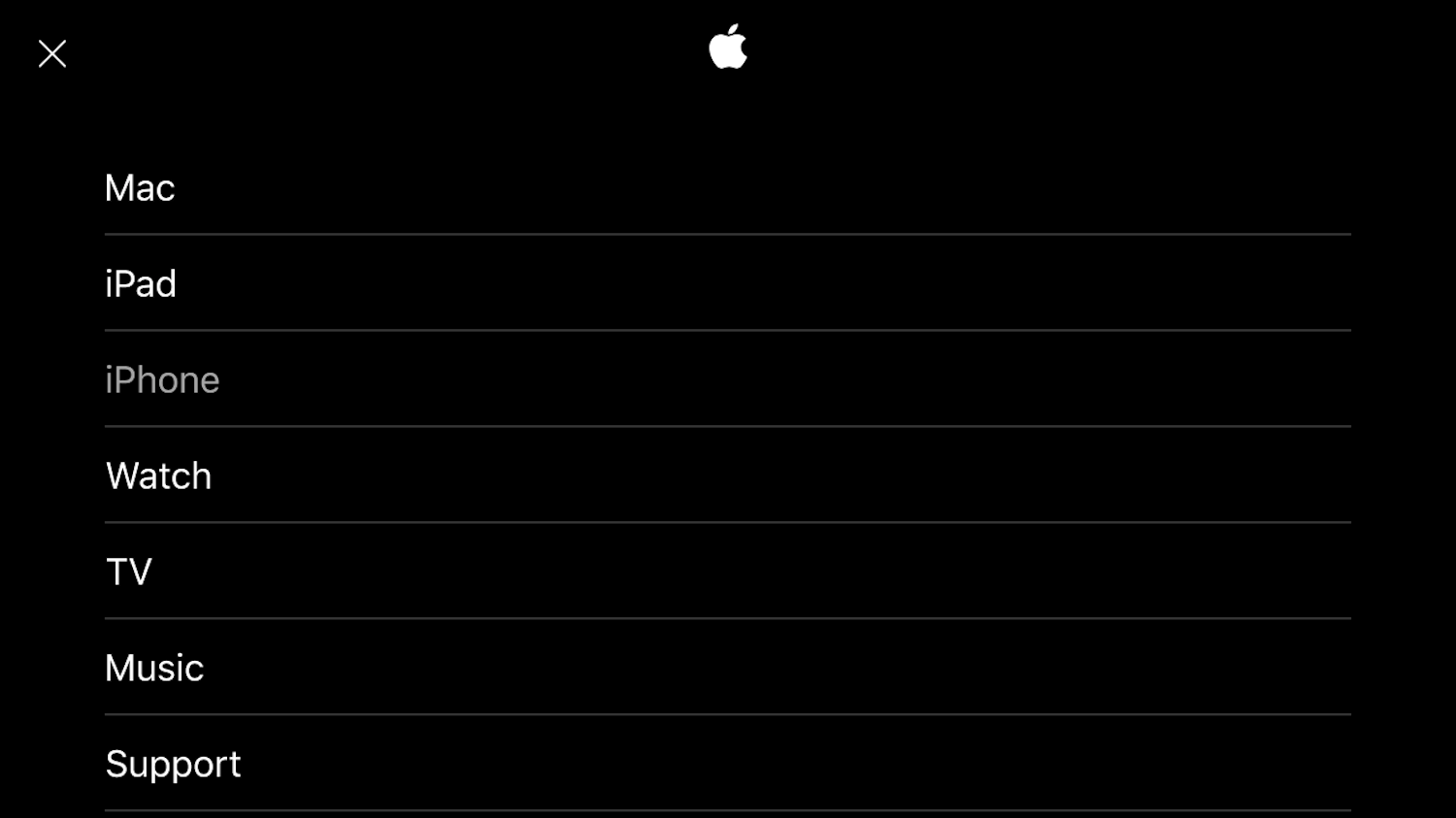 Apple websiteâs menu on a tablet sized touch screen. The inactive links are white, the hovered link is a subtly different gray.