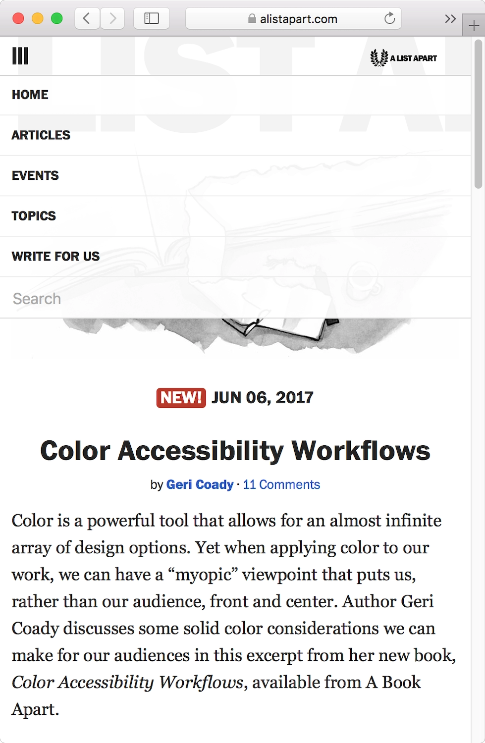The A List Apart websiteâs menu shown in a narrow browser viewport.