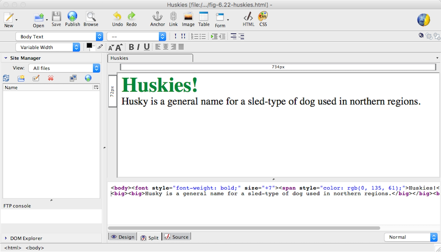 HTML in an old school WYSIWYG editor showing a big green bold title and a black serif text paragraph. The HTML uses the outdated elements of font to change the font weight and size of the title and big to change the size of the paragraph text.