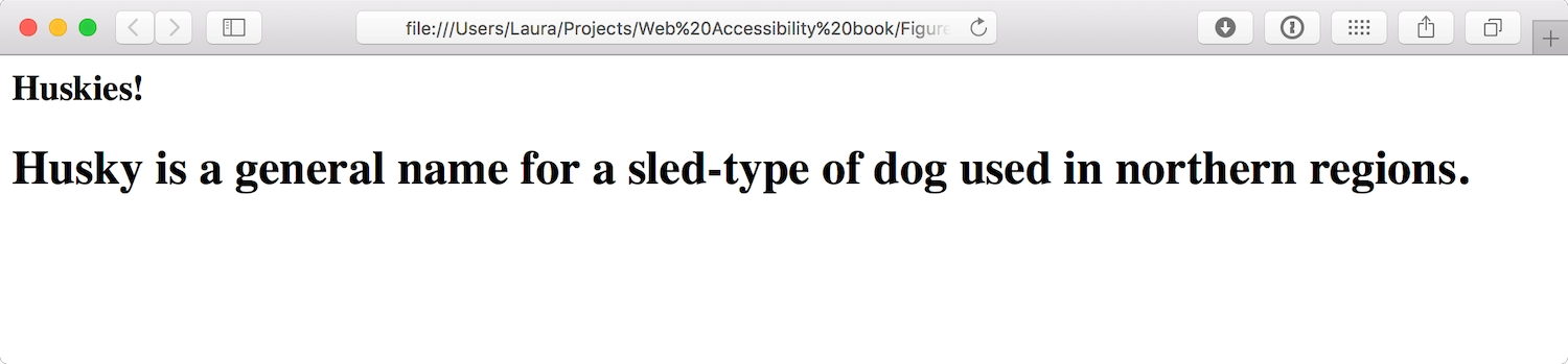 The same text rendered without styles shows the title text smaller than the subheading text.