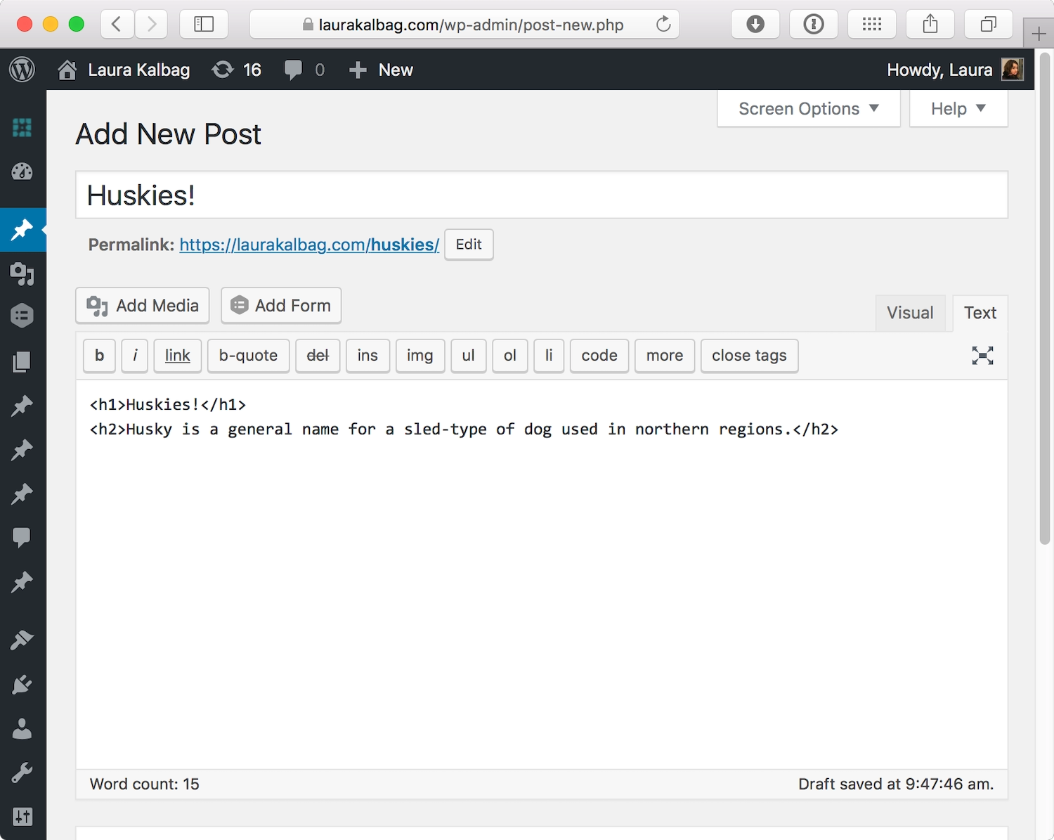 A code view showing the title wrapped in an H1 element, and the subheading wrapped in an h2 element.