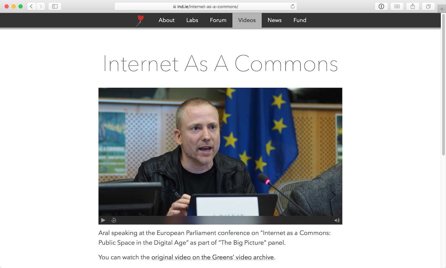 Video of Aral presenting at the European Parliament. When paused, the video player is indistuishable from an image on the page as thereâs no visible video player controls.