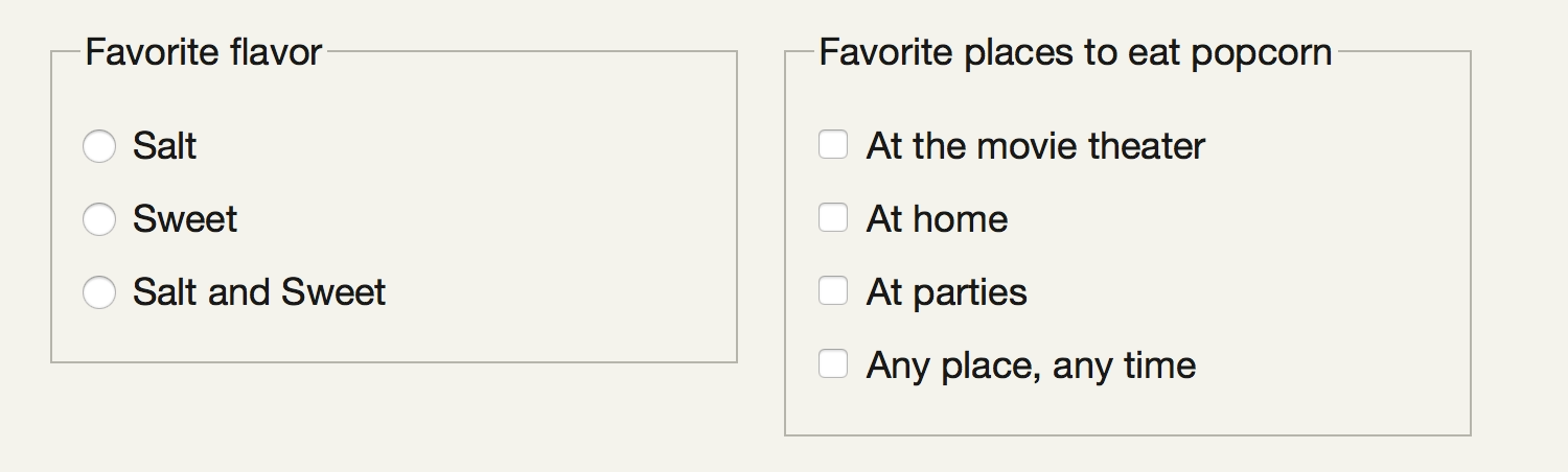 A list of radio buttons titled Favorite flavor and list of checkboxes titled Favorite places to eat popcorn