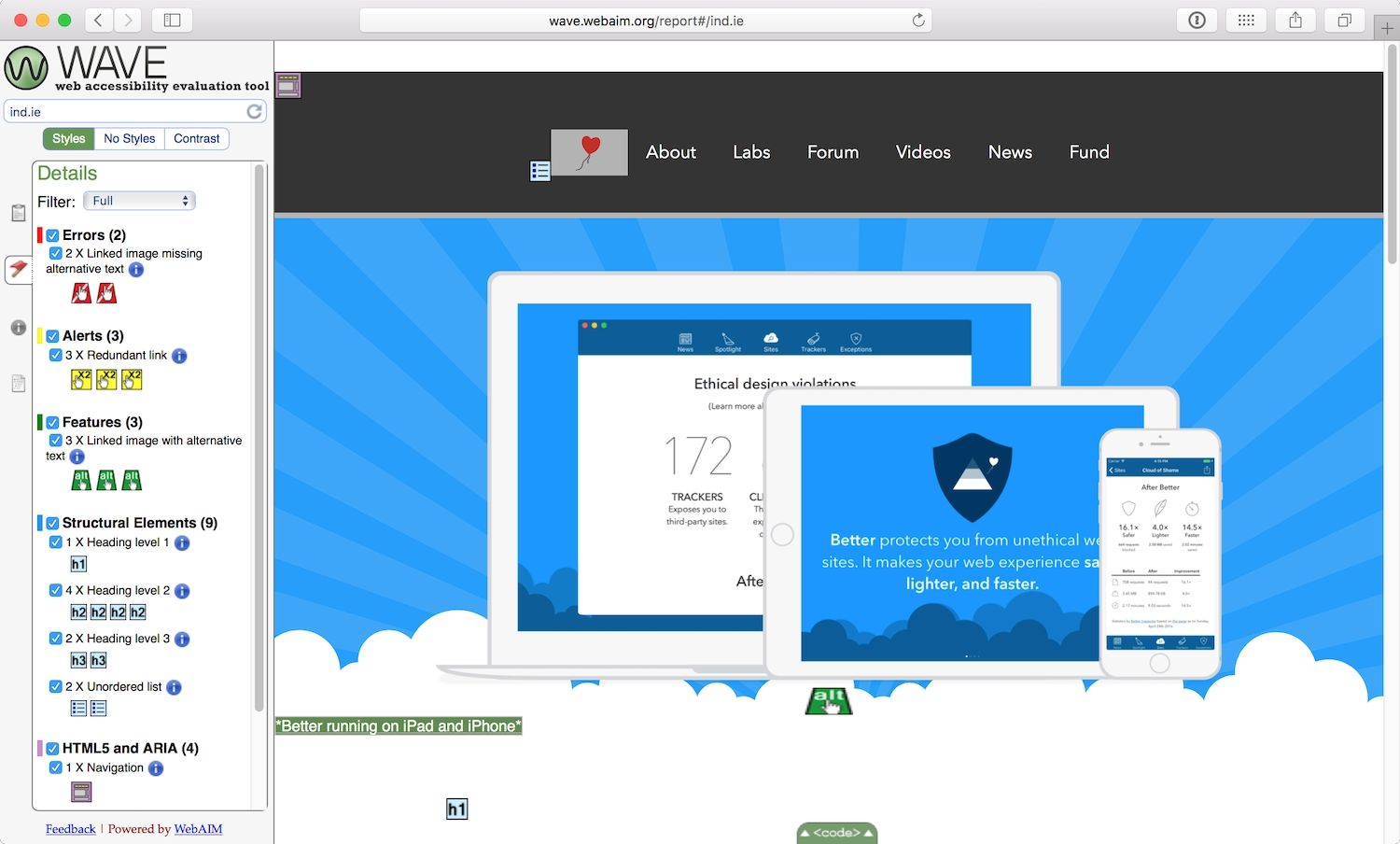 The Wave panel overlaid on top of the Ind.ie website. It shows two errors, three alerts, three features, nine structural elements and four HTML5 and ARIA elements.