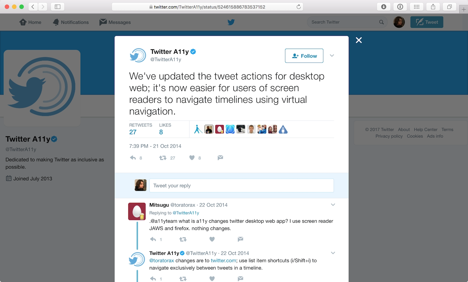 A tweet from the Twitter A11y account saying We've updated the tweet actions for desktop web; itâs now easier for users of screen readers to navigate timelines using virtual navigation.