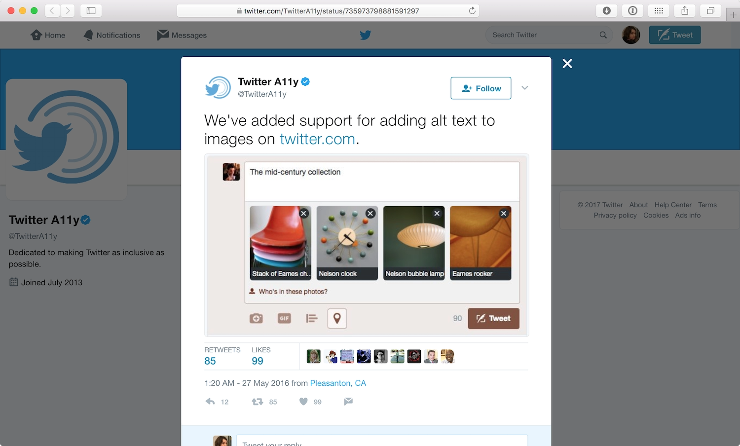 A second tweet from the Twitter A11y account saying Weâve added support for adding alt text to images on twitter.com with an image showing the alt text interface on Twitter.